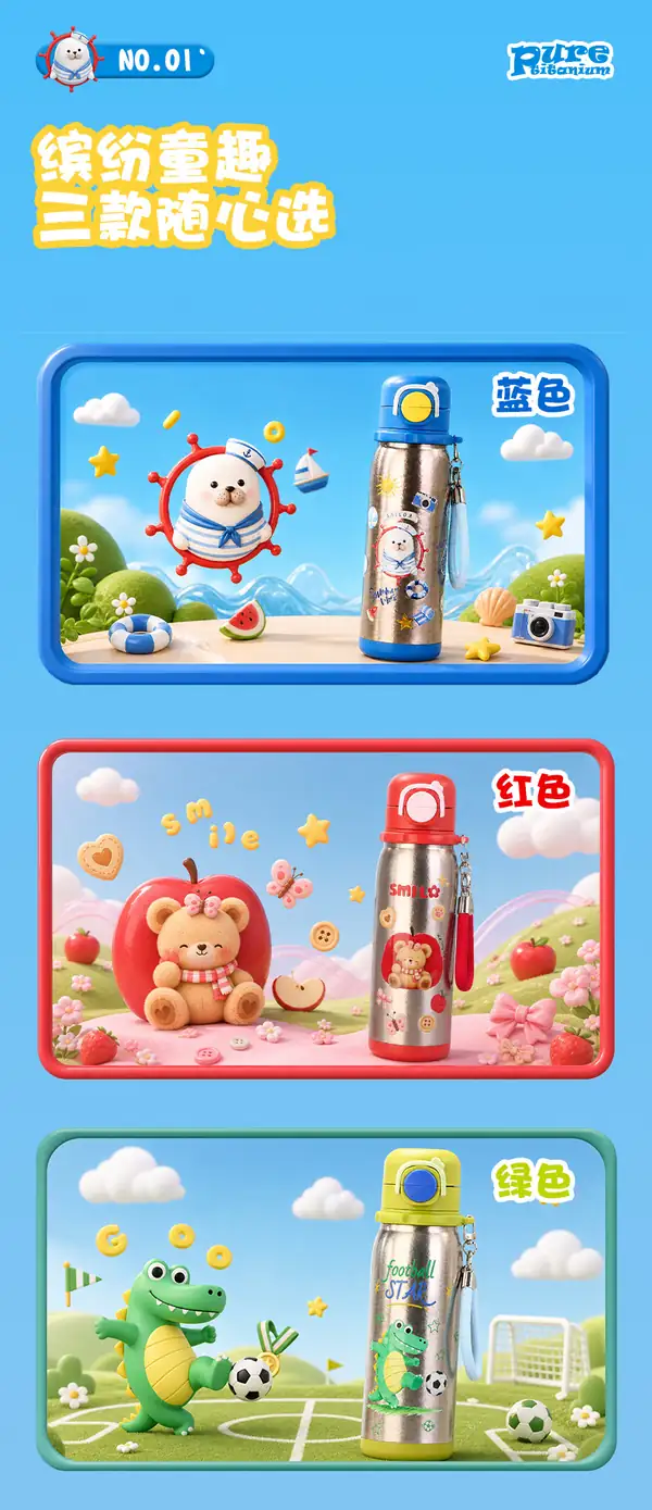 儿童纯钛保温杯三种卡通颜色选择 儿童纯钛保温杯三种卡通颜色选择