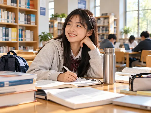 学生在图书馆使用纯钛保温杯学习场景 学生在图书馆使用纯钛保温杯学习场景